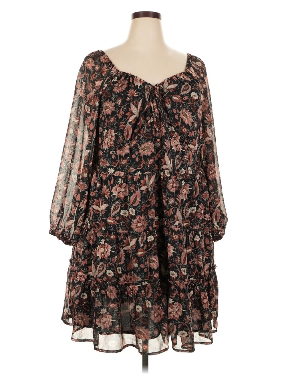 Madewell Black Floral Long-Sleeve Tiered Peasant Dress